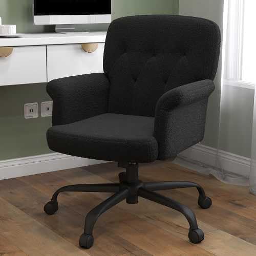 Comfy Home Office Desk Chair, Upholstered Fuzzy Vanity Chair with Wheels and Arms, Modern Adjustable Swivel Computer Seat for Living Room, Bedroom, Make Up, Home Office, Teddy Fleece, Black
