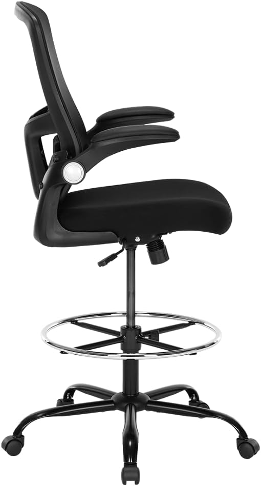 Ergonomic Drafting Chair – Tall Office Chair for Standing Desk, Adjustable Height Mesh Chair with Footrest and Flip-Up Arms, Counter Height, Black