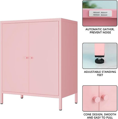 2 Door Metal Accent Storage Cabinet for Home, Living Room,Office Room,Kitchen-Metal Locker Cabinet with 1 Adjustable Shelves-2-Tier (Small 2 Door Cabinet, Pink)