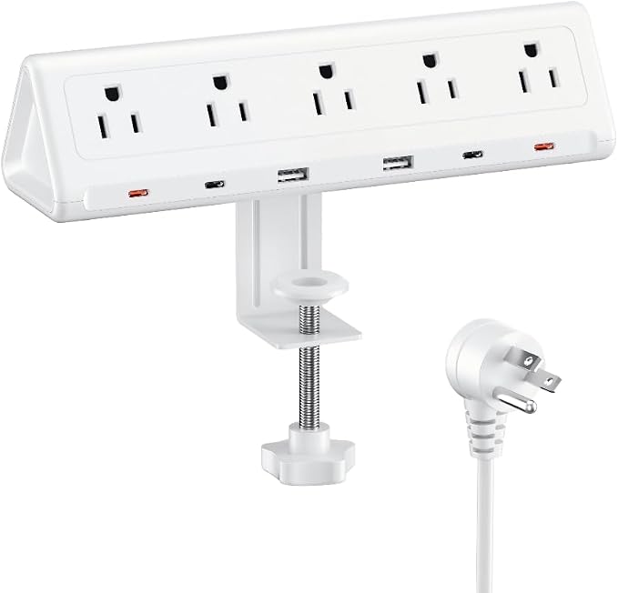 6.5 FT Desk Clamp Power Strip with 5 AC Outlets & 6 USB Ports PD 40W USB-C Fast Charging, 1250J Surge Protector, Fits 2.1 in top Edge White