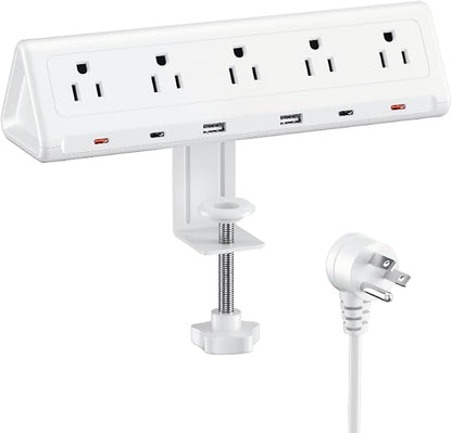 6.5 FT Desk Clamp Power Strip with 5 AC Outlets & 6 USB Ports PD 40W USB-C Fast Charging, 1250J Surge Protector, Fits 2.1 in top Edge White