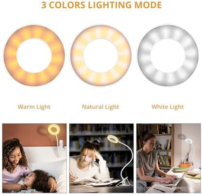 Woputne Desk Clip on Lamp for Reading Home Office, with 5V 2A Adapter, 10 Dimmable Brightness 3 Modes, Clamp Reading Light for Bed Headboard, Craft (White)…