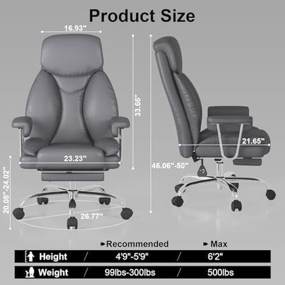 Big and Tall Office Chair, Executive Home Office Desk Chair, Comfy Leather High-Back Reclining Computer Chair with Retractable Footrest and Padded Arms, 360°Swivel Rolling Wheels, Wide Seat, Gray