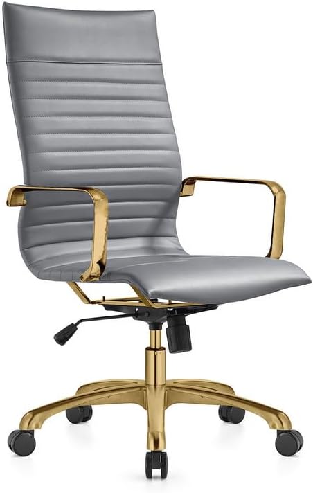 LeisureMod Harris High-Back Task Office Chair - Modern Leather Upholstery with Gold Frame, Ribbed Design 360 Degree Adjustable Swivel for Home, Office, and Study Room