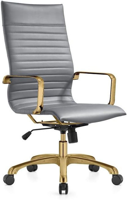 LeisureMod Harris High-Back Task Office Chair - Modern Leather Upholstery with Gold Frame, Ribbed Design 360 Degree Adjustable Swivel for Home, Office, and Study Room