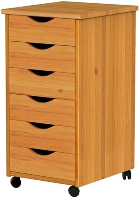 Pemberly Row Modern Solid Wood 6-Drawer Roll Utility Cart, Med Pine Finish, 15.25 x 13.25 x 25.75 in, Compact Mobile Storage with Casters, Removable Drawers, Home Office or Craft Room Organization