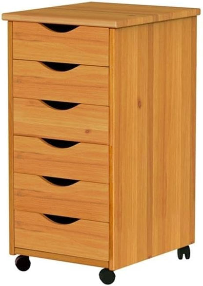 Pemberly Row Modern Solid Wood 6-Drawer Roll Utility Cart, Med Pine Finish, 15.25 x 13.25 x 25.75 in, Compact Mobile Storage with Casters, Removable Drawers, Home Office or Craft Room Organization