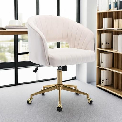 Home Office Chair Swivel Velvet Desk Chair Accent Armchair Upholstered Modern Tufted Chairs with Gold Base for Girls Women Ergonomic Study Seat Computer Task Stools for Living Room(Cream)
