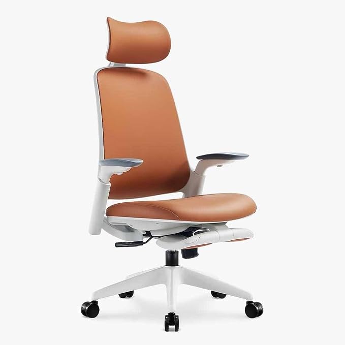 Sunaofe Boss Pro Leather Ergonomic Office Chair with Footrest - Executive Chair, 4D Armrests, Adaptive Lumbar, 125° Recline, 300lb Capacity, 5-Year Warranty White Frame/Brown