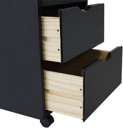 Pemberly Row Solid Wood Roll Utility Cart, Black Finish, 8 Drawers, Compact Design with Casters, Durable Modern Storage for Home, Office, Craft or Project Room