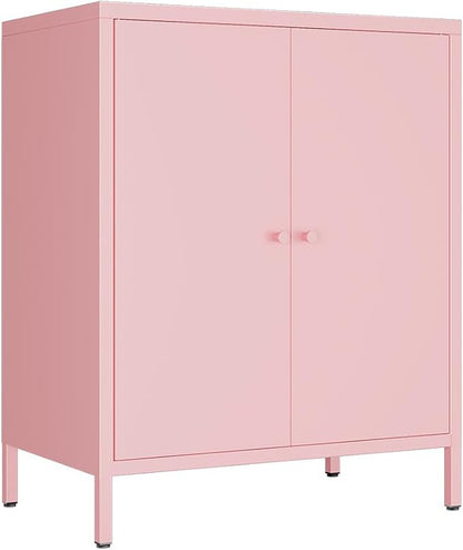 2 Door Metal Accent Storage Cabinet-Locker Cabinet for Office Room,Garage-Metal Storage Cabinet with 1 Adjustable Shelves (Pink)