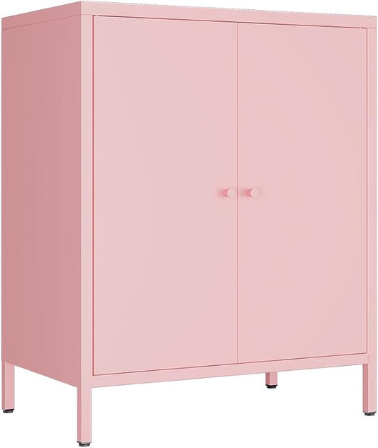 2 Door Metal Accent Storage Cabinet-Locker Cabinet for Office Room,Garage-Metal Storage Cabinet with 1 Adjustable Shelves (Pink)