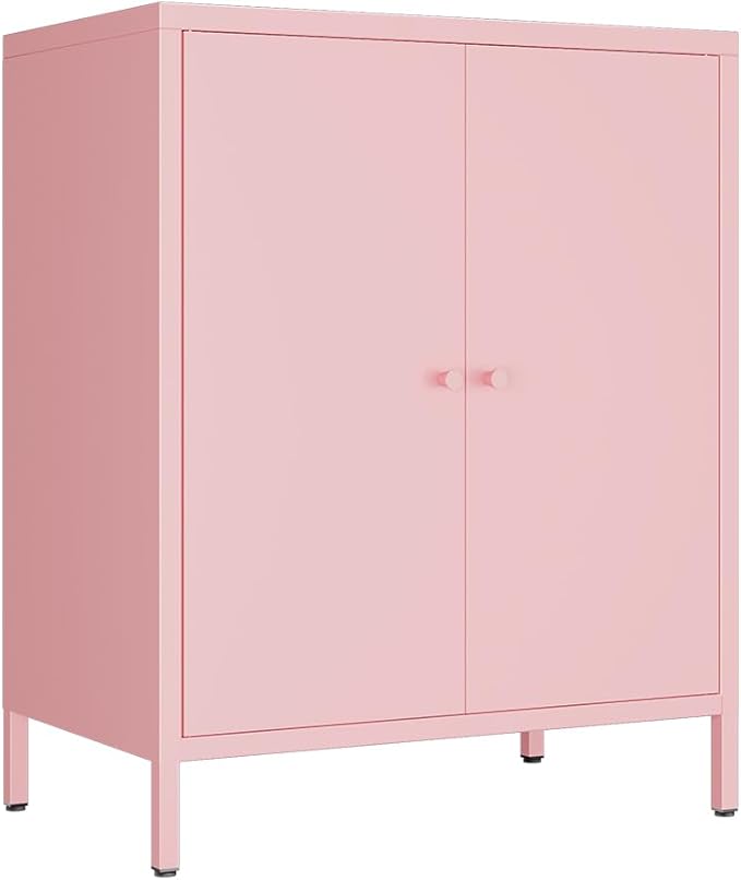 2 Door Metal Accent Storage Cabinet for Home, Living Room,Office Room,Kitchen-Metal Locker Cabinet with 1 Adjustable Shelves-2-Tier (Small 2 Door Cabinet, Pink)