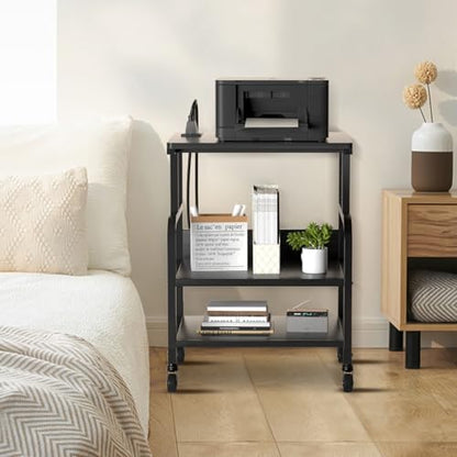 Large Printer Stand with 3-Tier Wood Storage Shelves - Multi-Purpose Desk Organizer for Printer Scanner Fax Home Office Use with Wheels (Jet Black)
