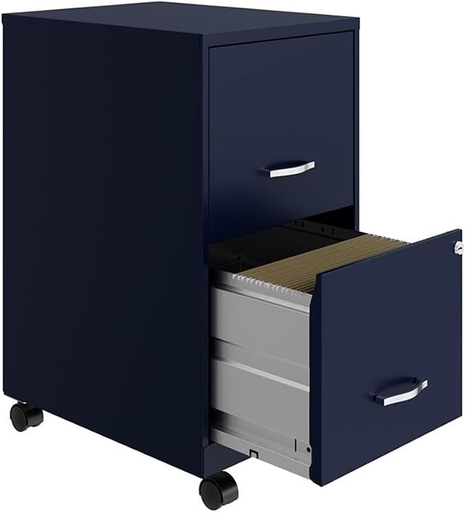 Pemberly Row 18" 2-Drawer Mobile Metal Filing Cabinet, Navy Finish, Painted Steel, Lockable High-Side Drawers, Smooth Glide Wheels, Compact Vertical Design for Home or Office Organization