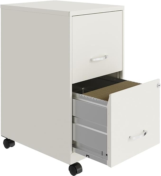 Pemberly Row 2-Drawer Mobile Vertical Filing Cabinet, 18in Metal, Pearl White Finish, Lockable Storage, Letter-Size File Drawer, Smooth Glide Suspension, Compact Office Furniture with Casters