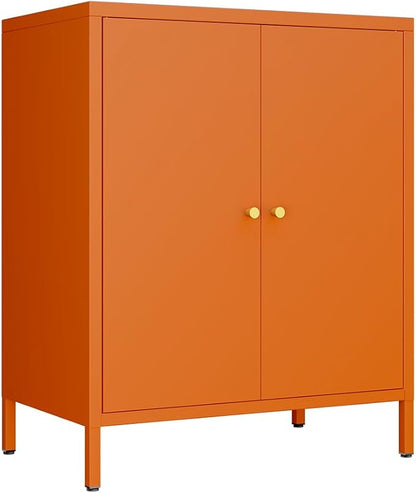 2 Door Metal Storage Cabinet-Small Bathroom Storage Cabinet with 1 Adjustable Shelf,Metal Freestanding Sideboard for Home Office, Living Room, Hallway, Entryway(Metal Door Cabinet, Orange)