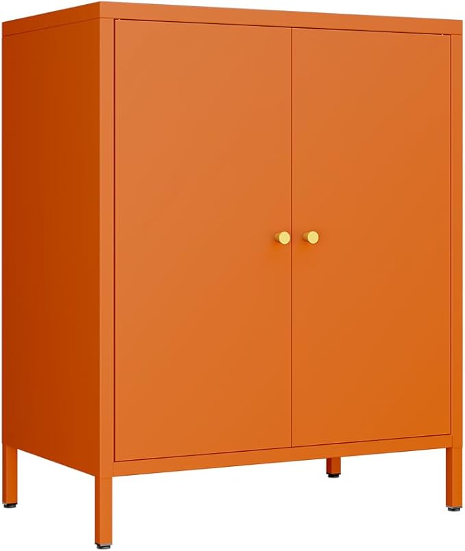 2 Door Metal Accent Storage Cabinet for Home,Office Room,Kitchen-Metal Locker Cabinet with 1 Adjustable Shelves-2-Tier (Small 2 Door Cabinet, Orange)