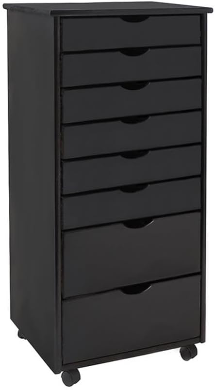Pemberly Row Solid Wood Roll Utility Cart, Black Finish, 8 Drawers, Compact Design with Casters, Durable Modern Storage for Home, Office, Craft or Project Room