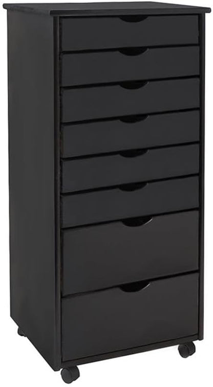 Pemberly Row Solid Wood Roll Utility Cart, Black Finish, 8 Drawers, Compact Design with Casters, Durable Modern Storage for Home, Office, Craft or Project Room