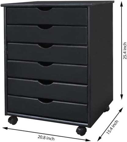Pemberly Row Modern Solid Wood 6-Drawer Utility Cart, Black Finish, 15.35" L x 20.75" W x 25.43" H, Eco-Friendly Rolling Storage for Office, Craft Room, Kitchen or Home Use