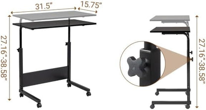 Karl home Mobile Side Table 31.5 inch Computer Desk with Wheels Height Adjustable Rolling Potable Laptop Cart, C-Shaped Bed Couch Sofa End Tables with Edge Stopper for Livingroom Bedroom, Black