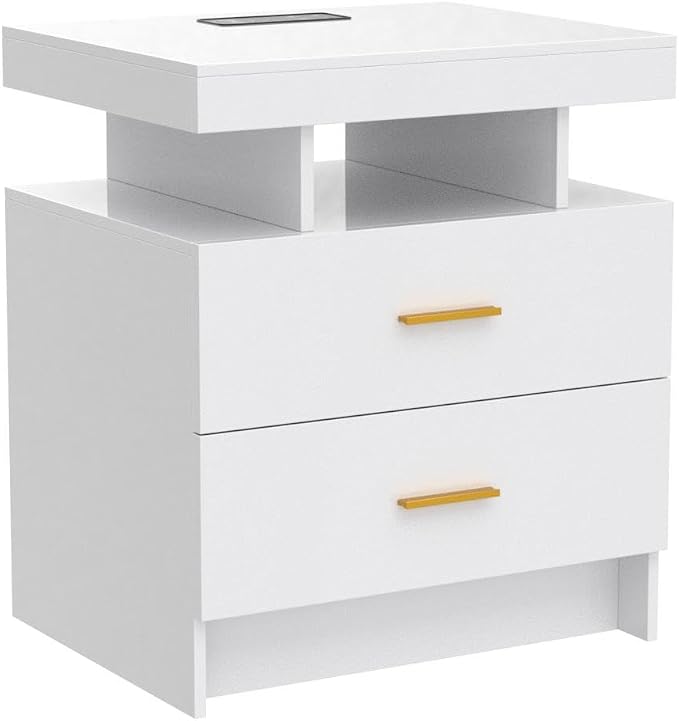 HNEBC Auto LED Nightstand with Wireless Charging Station & USB Ports,High Gloss Bedside Tables with 2 Drawers,Floating Nightstand with 3 Color & Adjustable Brightness for Bedroom,White