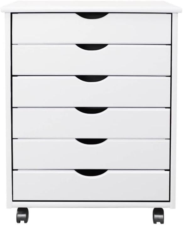 Pemberly Row Modern Solid Wood 6-Drawer Utility Cart, Compact Design, White Finish, L 15.35 x W 20.75 x H 25.43 in, Smooth Casters, Versatile Storage for Home Office, Studio, Craft Room
