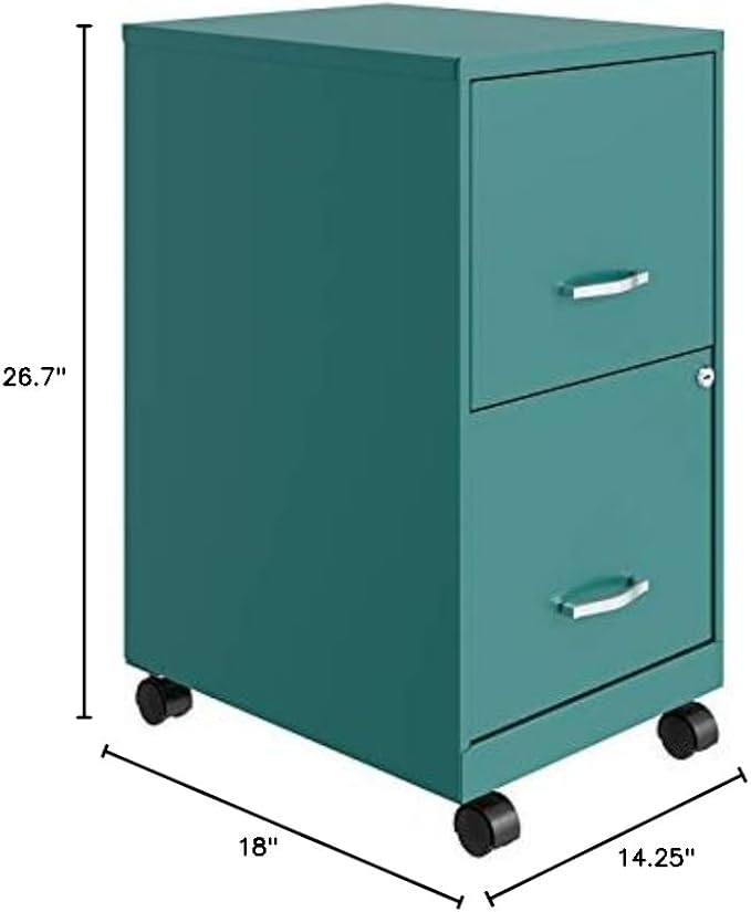 Pemberly Row 2-Drawer Metal Mobile Filing Cabinet, 18 in Depth, Turquoise Finish, Locking Drawers, Letter-Size Hanging File Storage, Smooth Glide Casters, Compact Home or Office Use