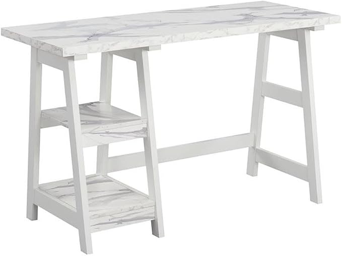 Convenience Concepts Designs2Go Trestle Desk 47" - Modern Desk or Vanity with Shelves, for Office, Dorm, Living Room, White Faux Marble/White