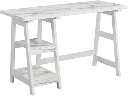 Convenience Concepts Designs2Go Trestle Desk 47" - Modern Desk or Vanity with Shelves, for Office, Dorm, Living Room, White Faux Marble/White