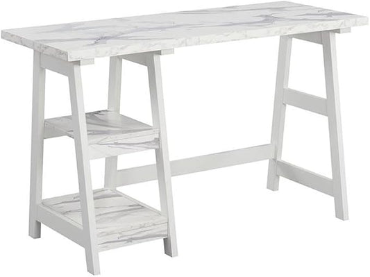 Convenience Concepts Designs2Go Trestle Desk 47" - Modern Desk or Vanity with Shelves, for Office, Dorm, Living Room, White Faux Marble/White