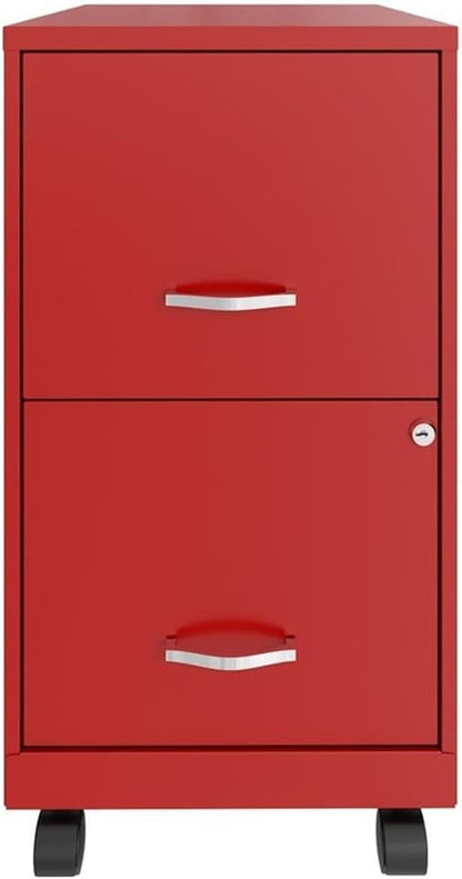 Pemberly Row 2-Drawer Metal Vertical Filing Cabinet, 18 in Depth, Red Finish, Lockable Mobile Office Storage with High-Side Drawers, Easy Roll Casters, Fits Under Desk, Letter Size Hanging Files