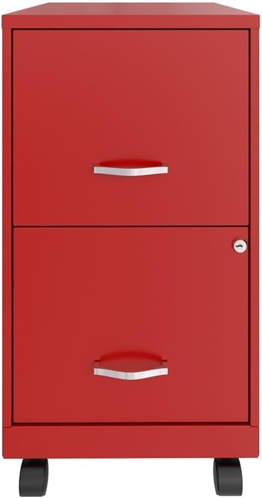 Pemberly Row 2-Drawer Metal Vertical Filing Cabinet, 18 in Depth, Red Finish, Lockable Mobile Office Storage with High-Side Drawers, Easy Roll Casters, Fits Under Desk, Letter Size Hanging Files