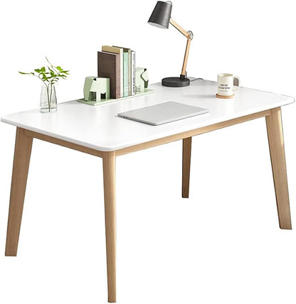 IOTXY Simple Wooden Writing Desk - Modern Minimalist Style PC Laptop Computer Workbench with Solid Wood Legs, 39" W Home Office Work Table for TV Stand Music Video Live Broadcast Workstation, White