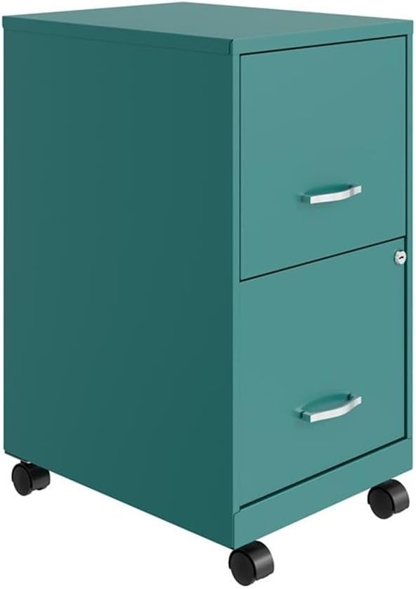 Pemberly Row 2-Drawer Metal Mobile Filing Cabinet, 18 in Depth, Turquoise Finish, Locking Drawers, Letter-Size Hanging File Storage, Smooth Glide Casters, Compact Home or Office Use
