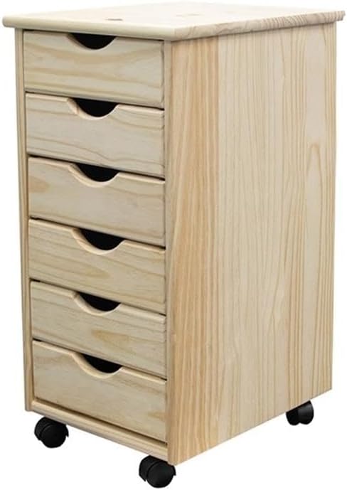 Pemberly Row Solid Wood 6-Drawer Utility Cart, 15.25 x 13.25 x 25.75 in, Unfinished Pine, Compact Design with Casters, Removable Drawers, Crafting, Home Office, Customizable Storage Solution