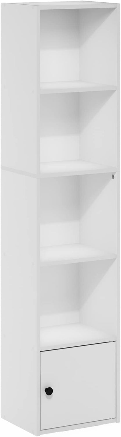 Furinno LUDER Book Shelf, 5-Tier Modern Bookshelf, Bookcase with 1 Door Storage Cabinet, 9.3 x 12 x 52, for Organization and Storage, for Living Room, Bedroom, Home Office, White
