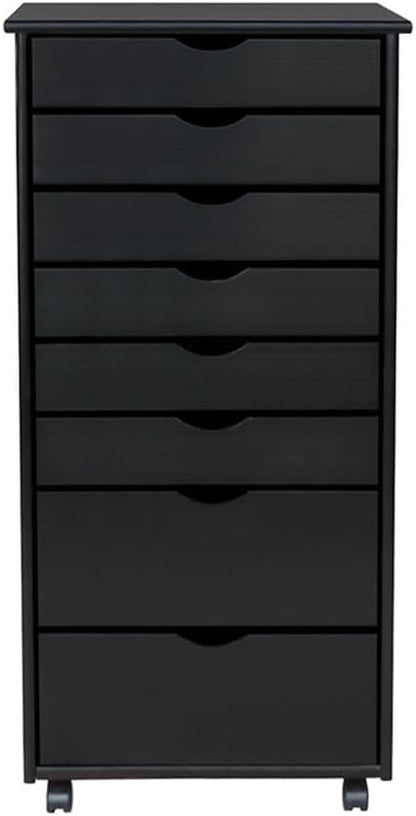 Pemberly Row Solid Wood Roll Utility Cart, Black Finish, 8 Drawers, Compact Design with Casters, Durable Modern Storage for Home, Office, Craft or Project Room