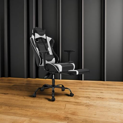 BestOffice | Ergonomic Gaming Chair | White | Reclining Computer Chair with Lumbar Support, Headrest Pillow, Adjustable Footrests | 360 Swivel with Heavy Duty Wheels | for Home & Office
