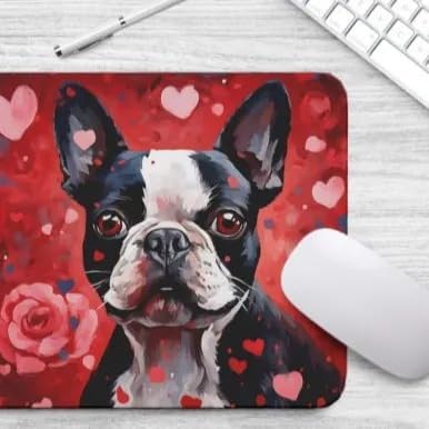 Boston Terrier Mouse Pad Dog with Red Hearts Pattern Non-Slip Rubber Mouse Pad Puppy in Love Mouse Pad for Home Office Work Desk Computer Desktop Laptop for Dog Lovers