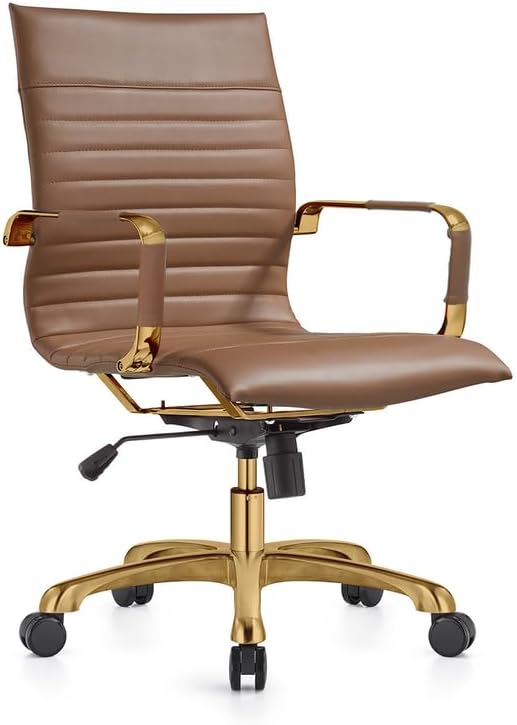 LeisureMod Harris Modern Ergonomic Executive Office Chair, High-Back Leather Conference Desk Chair with Adjustable Height, Tilt Control, 360° Swivel & Gold Frame for Home Office