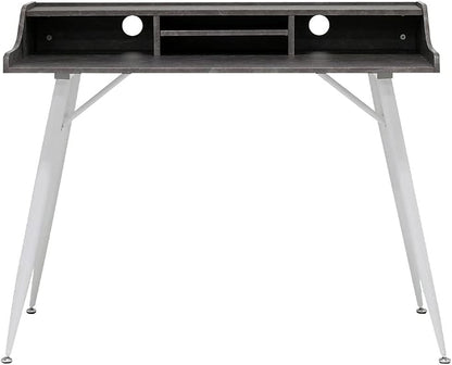 Calico Designs Woodford 45” Wide Modern, Secretary, Writing, Desk with Low Storage Hutch and Whtie Metal Tapered Legs in Marbled Dark Grey, White