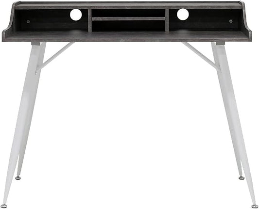 Calico Designs Woodford 45” Wide Modern, Secretary, Writing, Desk with Low Storage Hutch and Whtie Metal Tapered Legs in Marbled Dark Grey, White