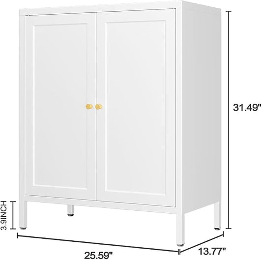 2 Door Metal Accent Storage Cabinet for Office Room,Garage-Metal Floor Bathroom Storage Cabinet with 1 Adjustable Shelves,Freestanding Sideboard for Small Spaces (Square Door, White)