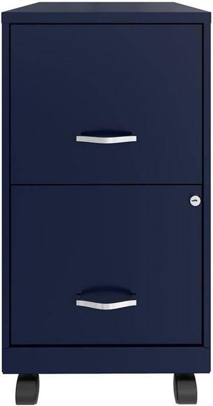 Pemberly Row 18" 2-Drawer Mobile Metal Filing Cabinet, Navy Finish, Painted Steel, Lockable High-Side Drawers, Smooth Glide Wheels, Compact Vertical Design for Home or Office Organization