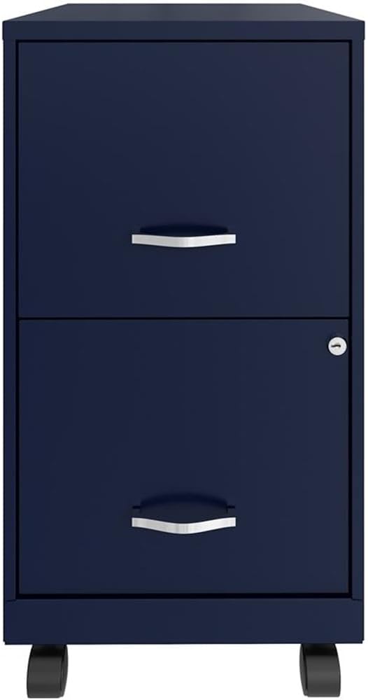 Pemberly Row 18" 2-Drawer Mobile Metal Filing Cabinet, Navy Finish, Painted Steel, Lockable High-Side Drawers, Smooth Glide Wheels, Compact Vertical Design for Home or Office Organization