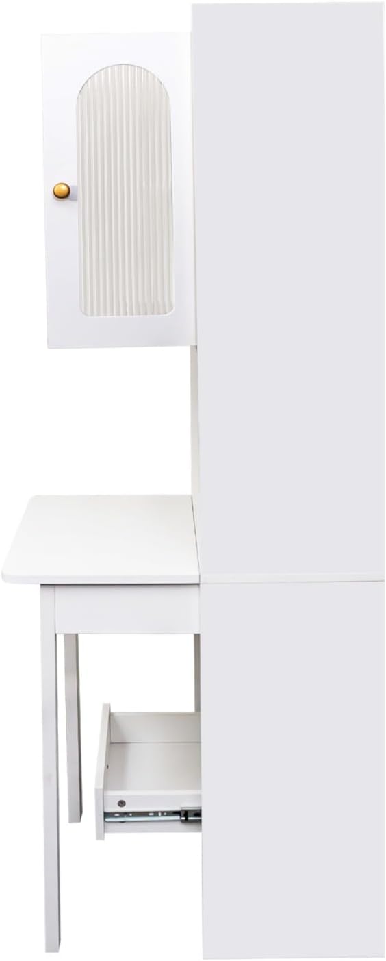 KEIKI Fold-Out Home Office Desks Writing Table with Glass Doors, Drawers, Bookshelf & Storage Shelves, Modern Wooden Convertible Workstation for Work, Study