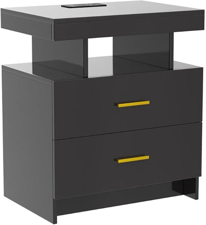 HNEBC Auto LED Nightstand with Wireless Charging Station & USB Ports,High Gloss Bedside Tables with 2 Drawers,Floating Nightstand with 3 Color & Adjustable Brightness for Bedroom,Black