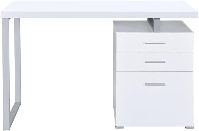 CARTESIAN Modern Reversible Computer Desk with 3 Drawers, 47.25W x 23.5D x 30H inches, White and Silver Metal Frame, File Cabinet Storage